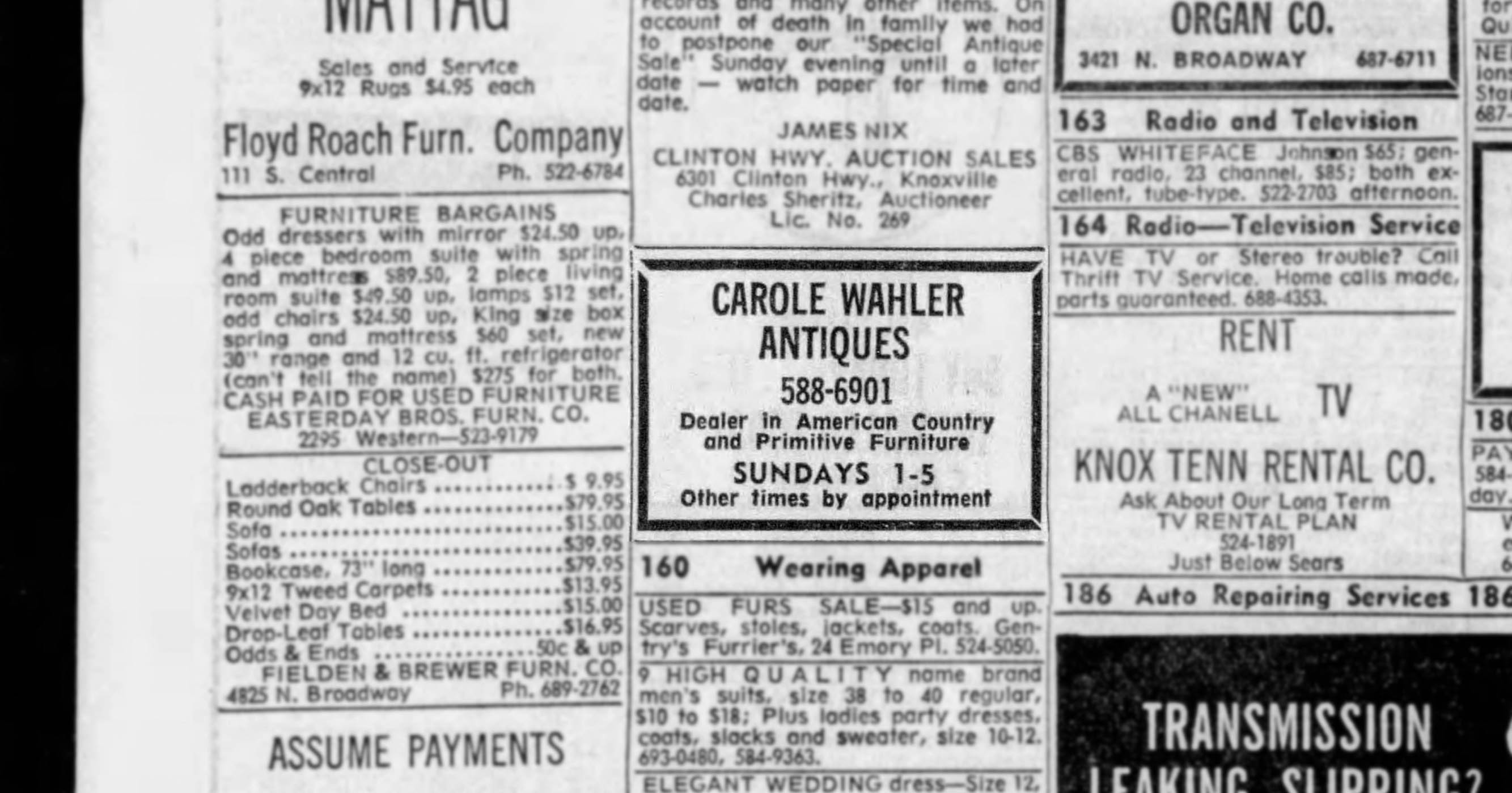 Carole Wahler Antiques advertisement, 1972