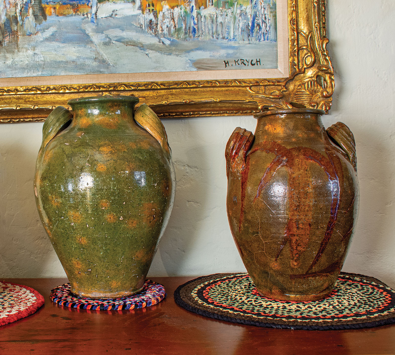 Two of Carole Wahler's Tennessee redware jars