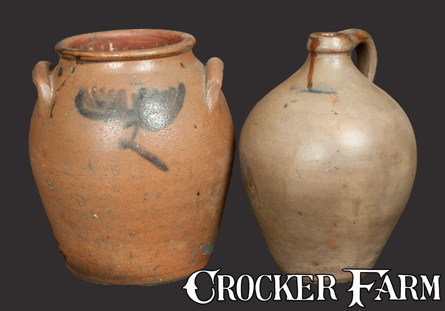 Lot Of Two Early Ovoid Stoneware Crock With Floral Decoration And