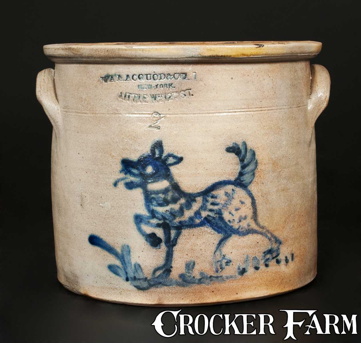 W A Macquoid New York City Stoneware Crock With Dog Decoration