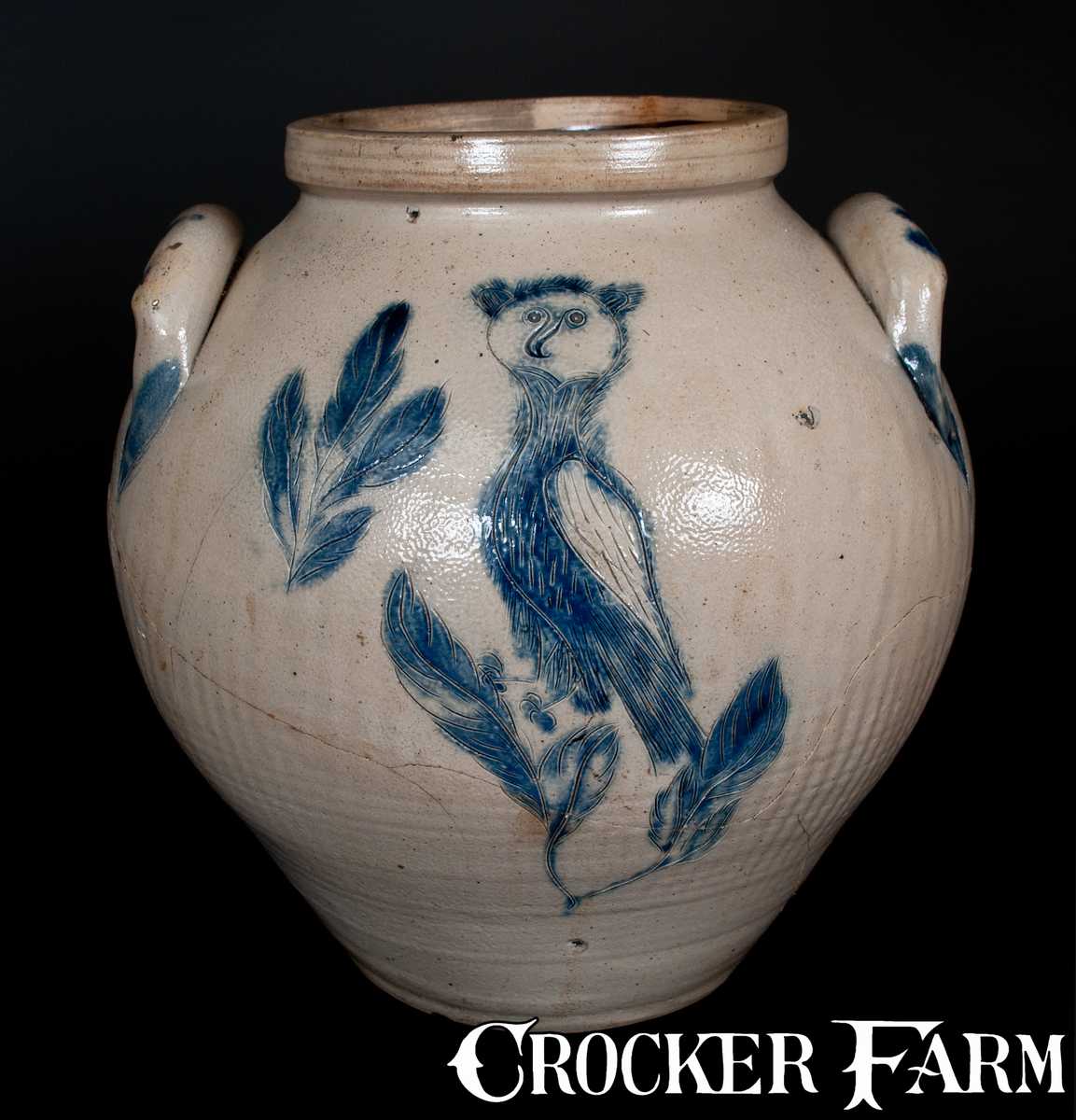 Very Rare Large Ovoid Stoneware Jar W Incised Owl And Birds