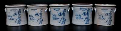 Lot of Five: Reproductions of J. B. PFALTZGRAFF / YORK, PA "Lady Killer" Stoneware Crock, Rockdale Union Pottery, circa 1989