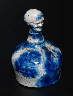 Rare Stoneware Bank with Man's-Head Finial and Cobalt Floral Decoration