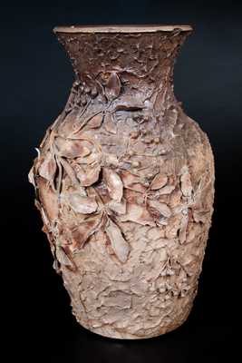 Rare Large Stoneware Vase with Applied Foliage and Berries, Molded from Life, probably Pennsylvania, c1890