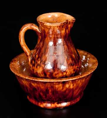 Rare Miniature Glazed Redware Pitcher and Bowl Set, Stamped "JOHN BELL", Waynesboro, PA