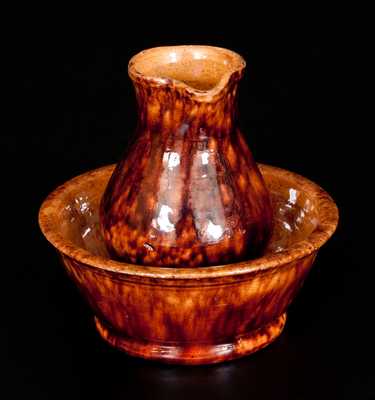 Rare Miniature Glazed Redware Pitcher and Bowl Set, Stamped "JOHN BELL", Waynesboro, PA