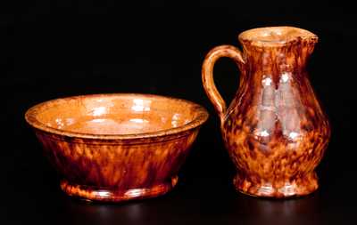 Rare Miniature Glazed Redware Pitcher and Bowl Set, Stamped "JOHN BELL", Waynesboro, PA
