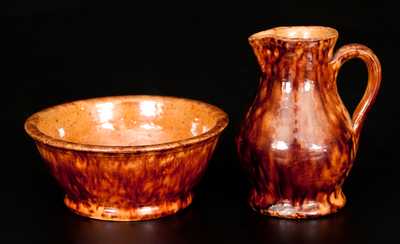 Rare Miniature Glazed Redware Pitcher and Bowl Set, Stamped 