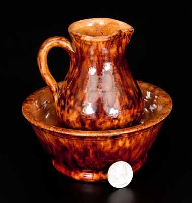 Rare Miniature Glazed Redware Pitcher and Bowl Set, Stamped "JOHN BELL", Waynesboro, PA