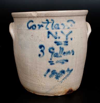 Rare "Cortland / N.Y. / 3 Gallons / 1867" Three-Gallon Stoneware Cream Ja