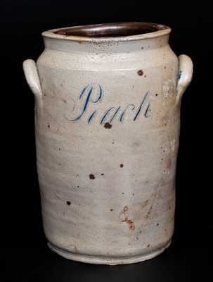 Rare Stoneware Presentation Preserve Jar Inscribed "Peach," probably Crolius Family, Manhattan, New York