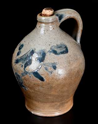 Exceptional Miniature Stoneware Jug w/ Incised Bird on Stump Decoration, probably Connecticut, c1820