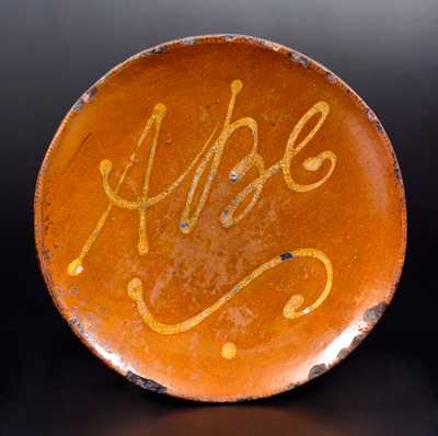 Redware Plate with Yellow Slip Inscription, "A B C", Norwalk, CT