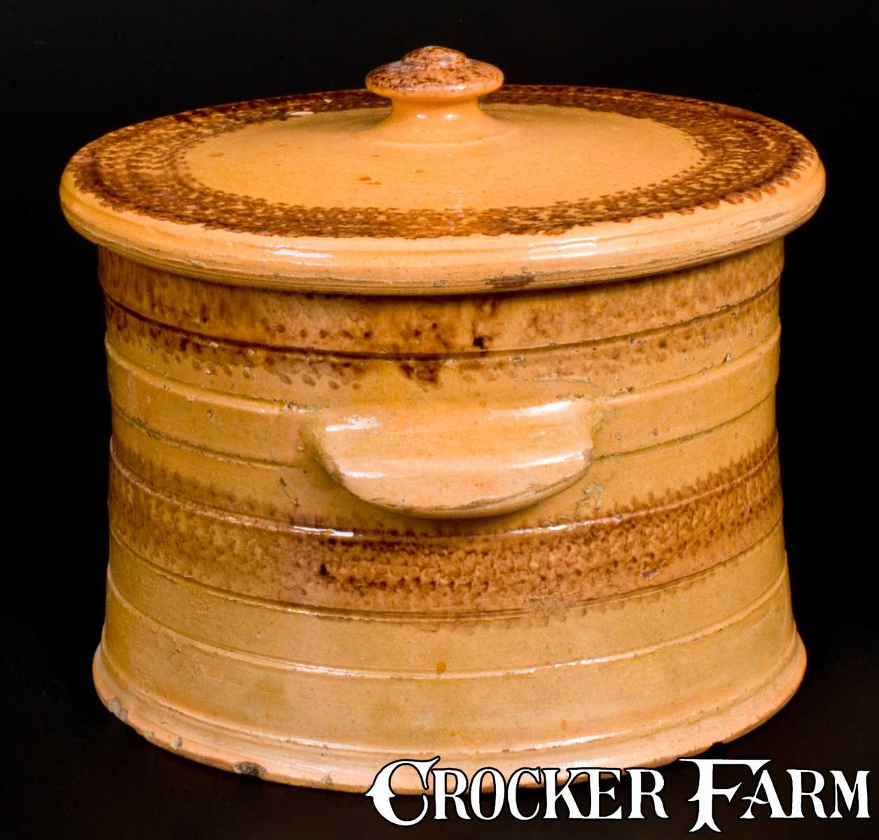 Rare Large Sized J Bell Redware Lidded Cake Crock W Sponged