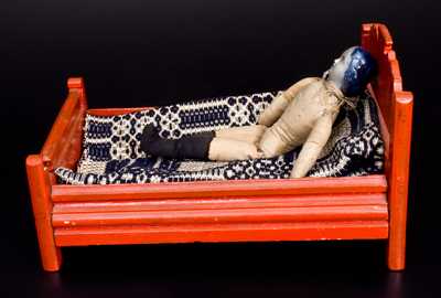 Very Rare Western PA Stoneware Doll's Head w/ Cloth Body and Miniature Wooden Bed