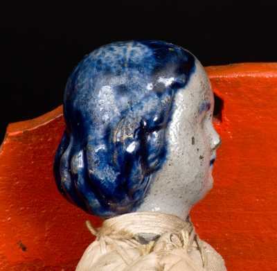 Very Rare Western PA Stoneware Doll's Head w/ Cloth Body and Miniature Wooden Bed