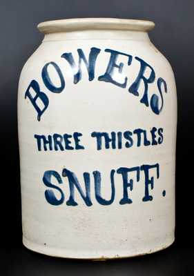 3 Gal. "BOWERS THREE THISTLES SNUFF" Stoneware Jar, Flemington, NJ origin