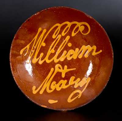 Rare "William & Mary" Slip-Decorated Redware Plate, Norwalk, CT origin