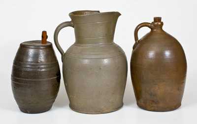 Lot of Three: Stoneware incl. Jug Marked GRUBES' WHISKY, Keg, and 2 Gal. Pitcher