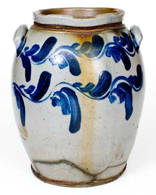 Outstanding Early "BELL" Five-Gallon Stoneware Jar with Elaborate Cobalt Vine Design