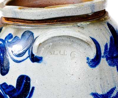 Outstanding Early "BELL" Five-Gallon Stoneware Jar with Elaborate Cobalt Vine Design