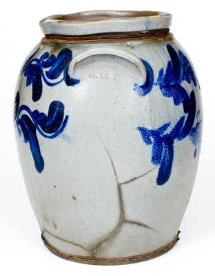 Outstanding Early "BELL" Five-Gallon Stoneware Jar with Elaborate Cobalt Vine Design