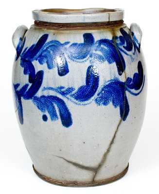 Outstanding Early "BELL" Five-Gallon Stoneware Jar with Elaborate Cobalt Vine Design