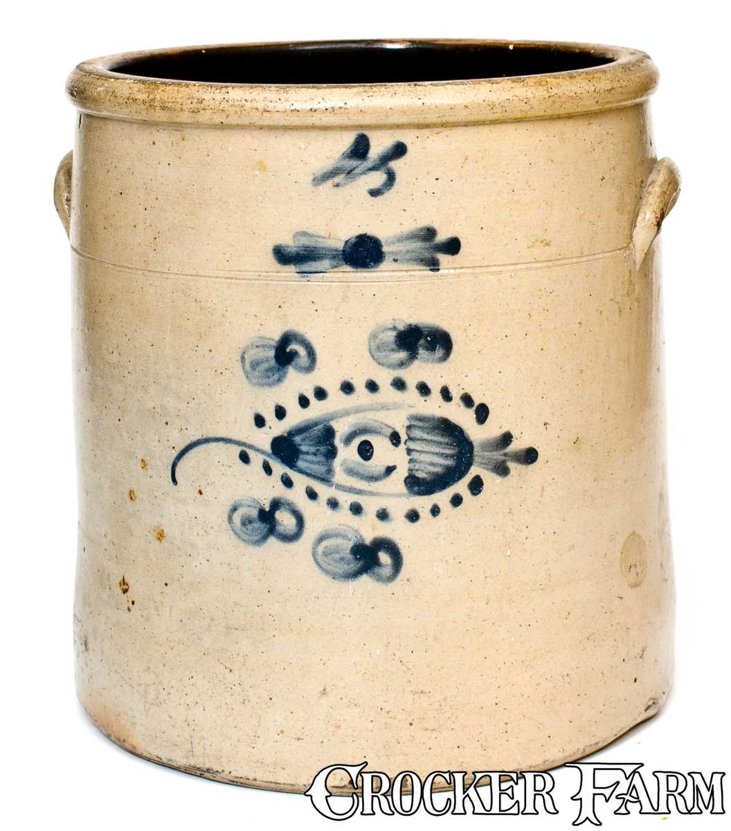 4 Gal Ohio Stoneware Crock With Fishing Lure Decoration Lot 63