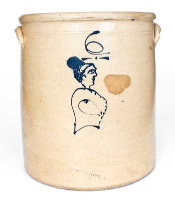 Fine 6 Gal. Ohio Stoneware Crock w/ Woman's Bust and Floral Decoration