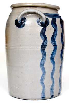 Outstanding 4 Gal. Greensboro, PA Stoneware Jar w/ Bold Vertical Striped Decoration