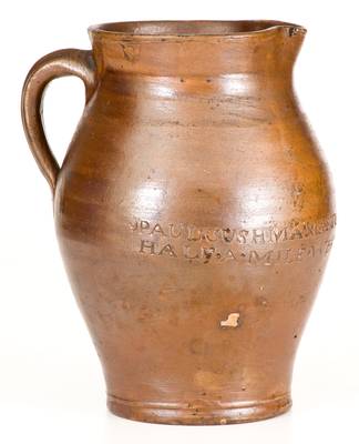 Very Rare PAUL CUSHMAN / 1809 Stoneware Pitcher with Two-Line "ALBANY GOAL" (Jail) Inscription