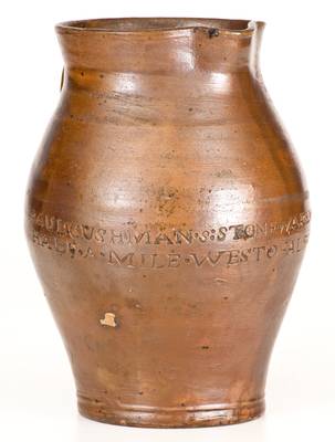 Very Rare PAUL CUSHMAN / 1809 Stoneware Pitcher with Two-Line "ALBANY GOAL" (Jail) Inscription