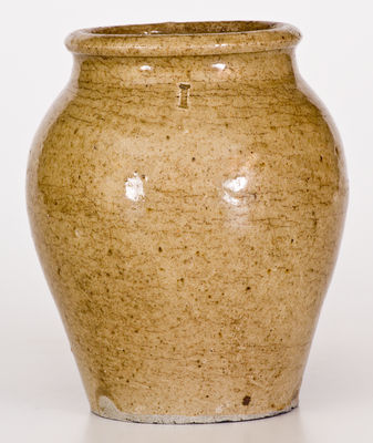 Rare Small-Sized attrib. Pottersville Pottery, Edgefield District, SC Stoneware Jar w/ Stamped "I," c1830
