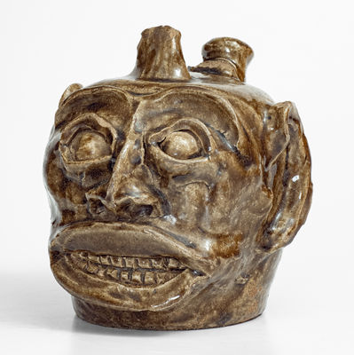 Rare and Important Edgefield District, SC Stoneware Face Harvest Jug w/ Elaborate Hand-Modeled Features