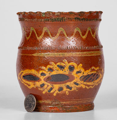 Very Fine Crimped-Rim Pennsylvania Redware Jar w/ Elaborate Slip Decoration