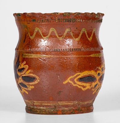 Very Fine Crimped-Rim Pennsylvania Redware Jar w/ Elaborate Slip Decoration