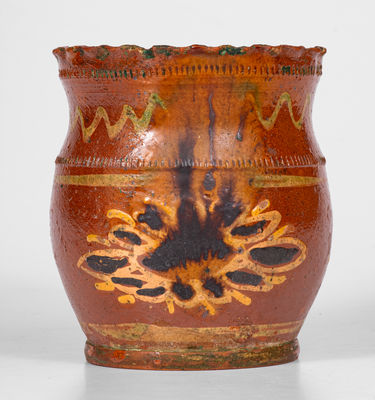 Very Fine Crimped-Rim Pennsylvania Redware Jar w/ Elaborate Slip Decoration