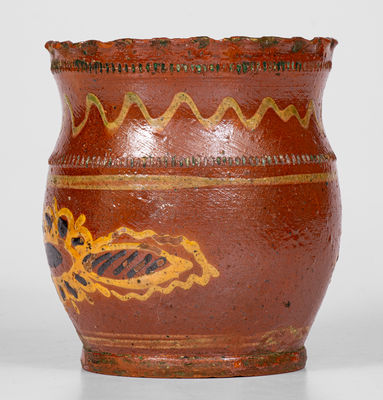 Very Fine Crimped-Rim Pennsylvania Redware Jar w/ Elaborate Slip Decoration