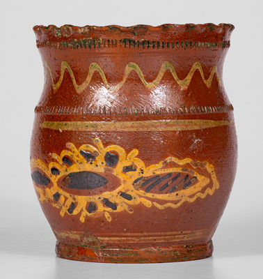 Very Fine Crimped-Rim Pennsylvania Redware Jar w/ Elaborate Slip Decoration
