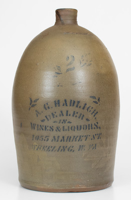 Two-Gallon Wheeling, West Virginia Stoneware Advertising Jug