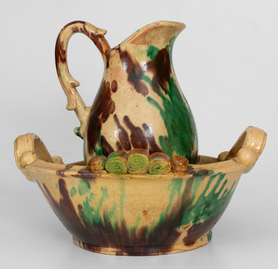 Exceptional Shenandoah Valley Multi-Glazed Redware Pitcher and Washbowl Set