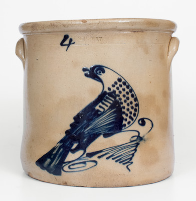 Four-Gallon ALBANY, N.Y. Stoneware Crock w/ Large Cobalt Bird Decoration