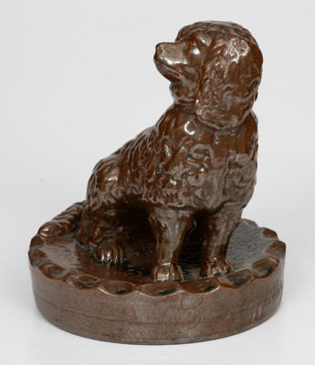 Rare William E. Arblaster, Clarion County, PA, 1894 Albany-Slip-Glazed Stoneware Presentation Dog Doorstop