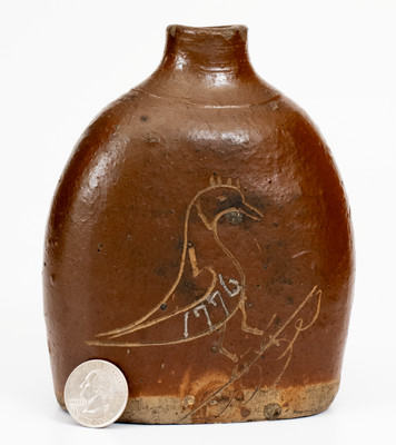 Rare Albany-Slip-Glazed Stoneware Flask w/ Incised Bird and Humorous Inscription, possibly Ohio, c1830