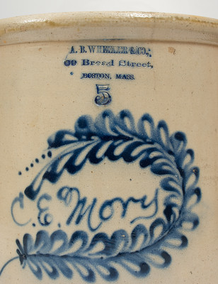 5 Gal. A. B. WHEELER & CO. / BOSTON, MASS. Advertising Crock w/ Elaborate Cobalt Script 