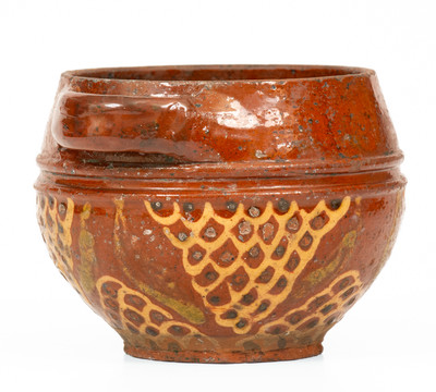 Very Fine Small-Sized Slip-Decorated Redware Sugar Bowl, possibly Peter Bell