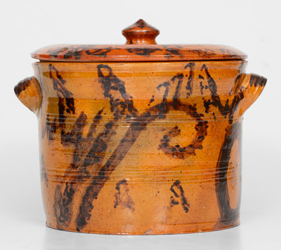 Outstanding Mid-Atlantic Redware Lidded Jar with Manganese Initials 