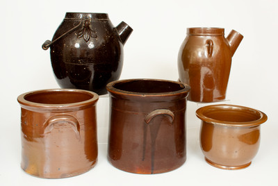 Lot of Five: Albany Slip-Glazed Stoneware Crocks and Batter Pails