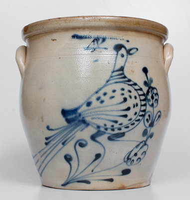 4 Gal. W. ROBERTS / BINGHAMTON, NY Stoneware Jar w/ Elaborate Slip-Trailed Bird Design