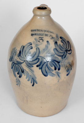 Fine COWDEN & WILCOX / HARRISBURG, PA 3 Gal. Stoneware Jug w/ Elaborate Floral Decoration